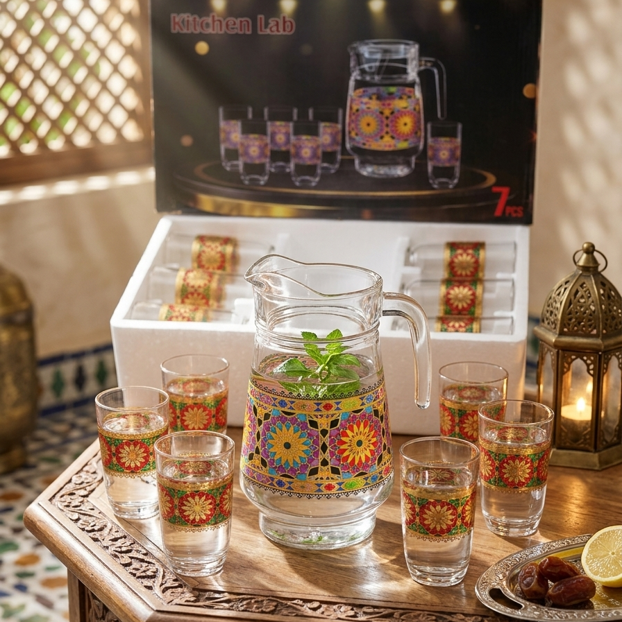 طاقم العصير والمشروبات الفاخر (7 قطع) – زواق مغربي أصيل كيحمر الوجه قدام الضياف